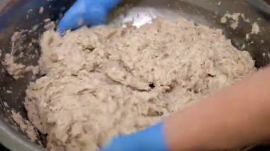 Şefler mavi eldivenli elleri, metal bir kasede kıymalı balık ve yumurtayla ekmeği karıştırıyor. Balık pirzolası üretimi.