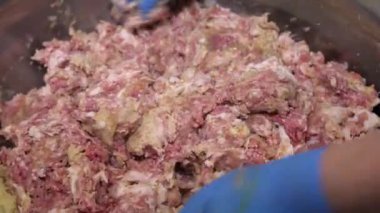 Şefin elleri mavi eldivenli domuz eti, ekmek, kıyma, domuz yağı ve yumurtayı köfte ve köfte yapmak için metal kasede karıştırıyor..