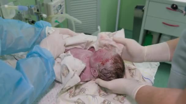 医者と看護師の手袋をはめた手は 胎児の血と保護膜の残りの部分から新生児を拭く 婦人科だ 出産区 — ストック動画