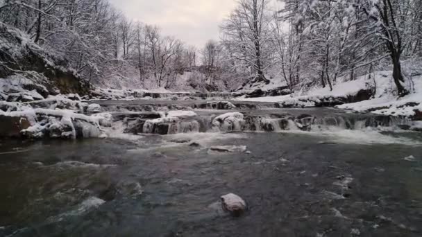 Bulutlu Bir Günde Hızlı Akan Bir Dağ Kış Nehrinin Üzerinde — Stok video