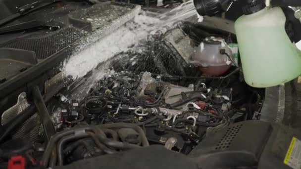 Besproeiing Van Motorruimte Met Schuim Uit Een Handsproeier Carwash Car — Stockvideo