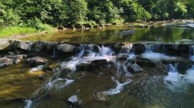 Hava görüntüsü. Taştan akıntıların üzerinden hızla akan temiz suyu olan bir dağ nehri. Ağacın kıyısında. Yaz mevsimi.