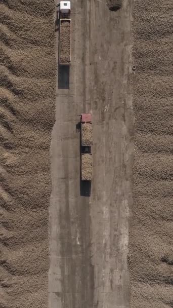 Luchtfoto Camera Pannen Langs Lijn Van Vrachtwagens Met Suikerbieten Aanhangwagens — Stockvideo