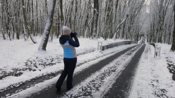 Een Vrouw Schiet Een Winterbos Een Bosweg Een Slr Camera — Stockvideo