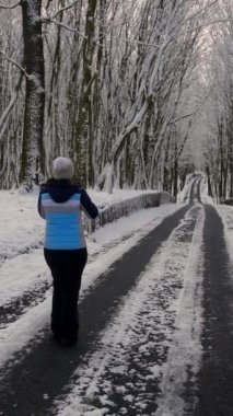 Dikey video. Fotoğrafçı kadın ormanda yol boyunca yürür ve ağaçların ve karla kaplı patikanın fotoğraflarını çeker. Yaratıcılık için kış mevsimi.