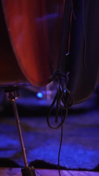 垂直录像 在鼓手模糊的背景下 用手指抓取双低音弦乐的音乐家们的全景 双低音音乐家概念 — 图库视频影像