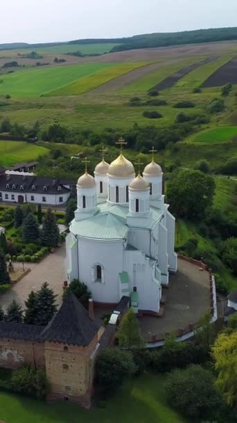 Verticale Video Luchtfoto Village Zymne Svyatogorski Assumptie Zymna Stauropees Klooster — Stockvideo