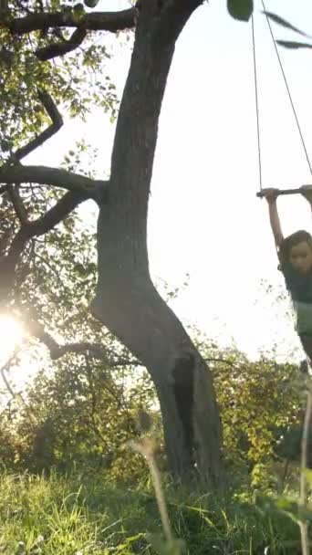 垂直录像 夏天的傍晚 一个白人少年在花园里荡秋千 一根木制的秋千绑在树枝上 童年记忆的概念 — 图库视频影像