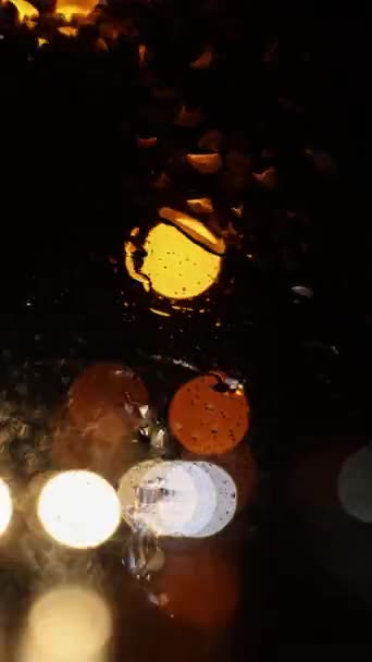 Вертикальное Видео Капли Дождя Лобовое Стекло Машины Автомобиль Движении Ночному — стоковое видео
