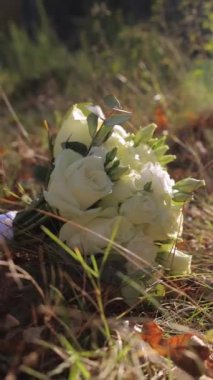 Dikey video. Sonbahar doğasında çimlerin üzerinde düşmüş sarı yapraklarla birlikte bir buket beyaz gül yatar. Çiçek buketi konsepti.