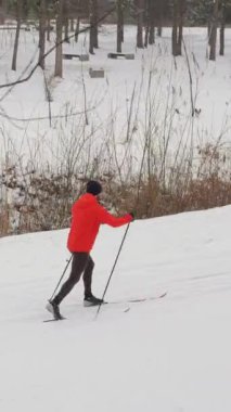 Dikey video. Kırmızı spor ceketli bir adam karlı bir kış parkında kayak yapıyor. Ön planda, ağaç gövdeleri harekete dinamik ekliyor. Fiziksel sağlık için boş zaman.