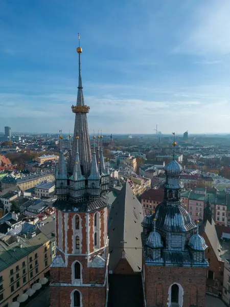 Saat kulesi olan bir binanın tepesinden şehir manzarası..