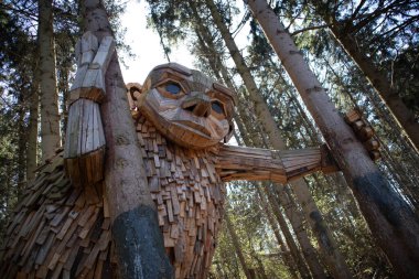 Ormanın ortasında dev Thomas Dambo görüntüleri.
