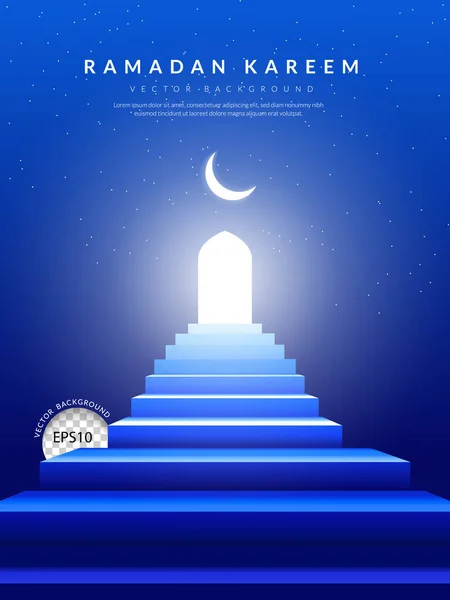 Mavi merdiven, yıldızlarla dolu bir gece gökyüzü ve Ramazan Kareem arka planındaki cami kapısına çıkıyor. vektör illüstrasyonu