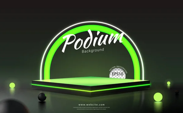 Square podium with green neon light and glow ball on a black background. Concept of design for product display. Vector illustration