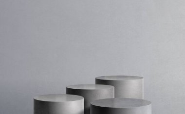 Stüdyoda dört asgari beton podyum Gri çimento arka plan 3D sunumu için 