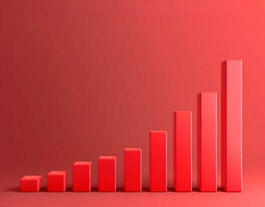Kırmızı arkaplanda 3B kırmızı çubuk grafiği, veri analiz simgesi, takas ticareti