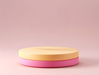 Sarı ve pembe podyum, pembe arka planda ürün için yuvarlak şekilli
