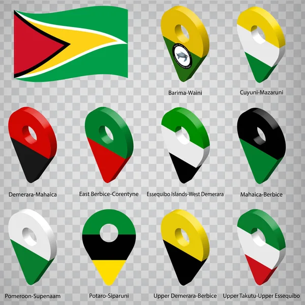 Zehn Flaggen Guyanas Alphabetische Reihenfolge Mit Namen Set Von Geolocation — Stockvektor