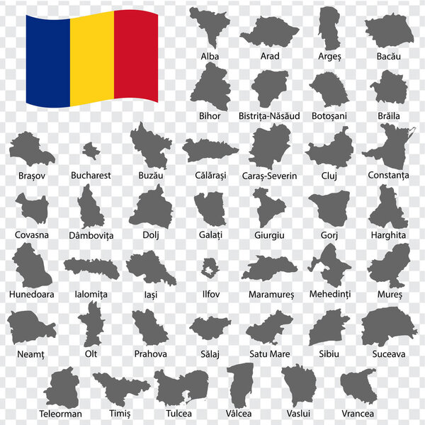 Forty two Maps Regions of Romania - alphabetical order with name. Every single map of Region  are listed and isolated with wordings and titles. Romania. EPS 10.