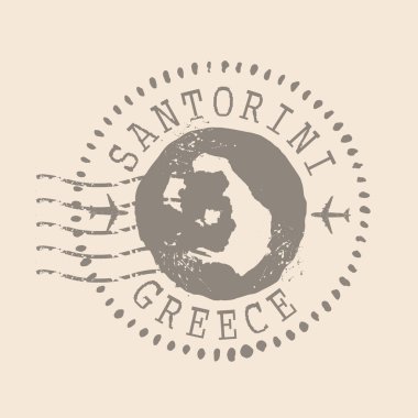 Santorini 'nin posta pulu. Siluet haritası, lastik mühür. Retro Seyahat Tasarımı. Santorini 'nin Yunan haritasını mühürle. EPS10