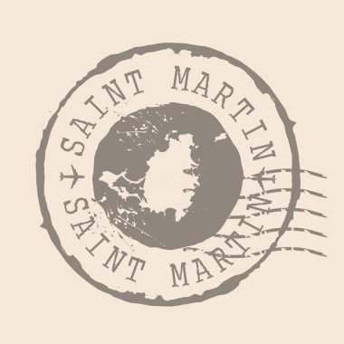 Aziz Martin 'in posta pulu. Siluet haritası, lastik mühür. Retro Seyahat Tasarımı. Tasarımınız için Saint Martin Grunge 'ın Mühür Haritası. EPS10