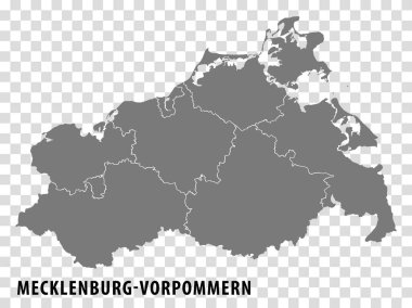 Şeffaf arkaplanda Mecklenburg-Vorpommern Haritası. Aşağı Mecklenburg-Vorpommern haritası. Tasarım, logo, uygulama, UI için gri bölgeler. Almanya toprakları. EPS10.