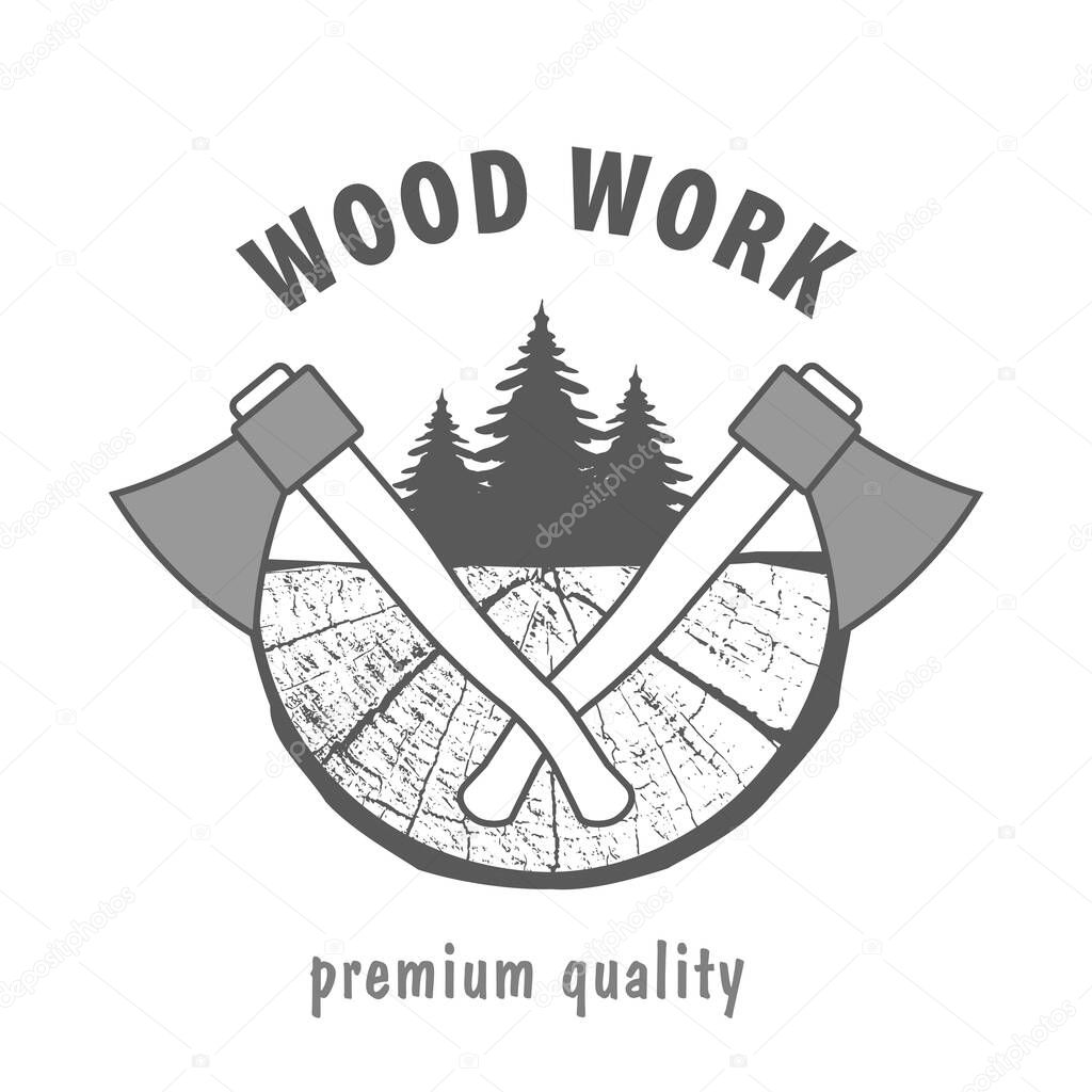 Wood work logo design template. Carpentry  professional service.  Cross section of a tree and two axes. Logo in gray for your  design. EPS10.
