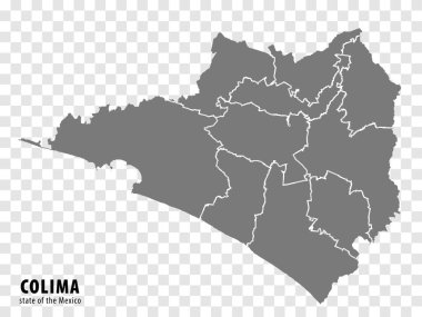 Meksika 'nın Colima Eyaleti haritası şeffaf arkaplanda. Web sitesi tasarımı, logosu, uygulaması ve UI için gri bölgeleri olan boş Colima haritası. Meksika mı? EPS10.