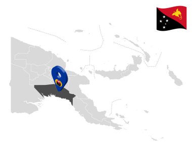 Körfez Bölgesi haritasında Papua Yeni Gine. Körfez Bölgesi 'nin bayrağına benzer 3 boyutlu bir tabela. Tasarımınız için Papua Yeni Gine vilayetleriyle kaliteli bir harita. EPS10