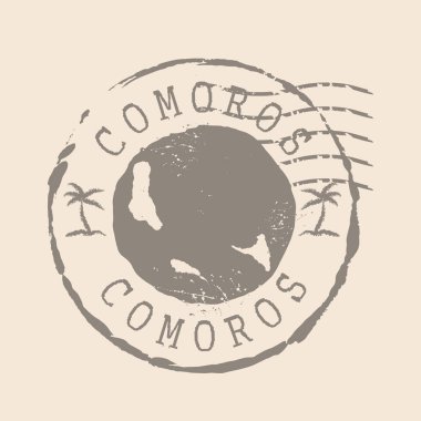 Comoros 'un posta pulu. Siluet haritası, lastik mühür. Retro Seyahat Tasarımı. Harita Komoros 'un Mührü, tasarımınız için. EPS10