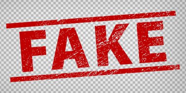 Şeffaf arkaplanda sahte pul tasarımı. Kırmızılı sahte kelimeyle Grunge kauçuk damgası. Düz dizayn. Vektör illüstrasyonu EPS10. 
