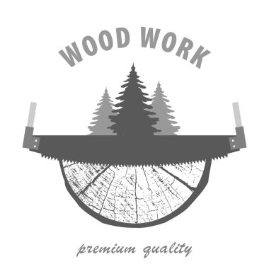 Wood work logo design template. Carpentry  professional service.  Cross section of a the tree and hand saw.  Logo in gray for your  design. EPS10.
