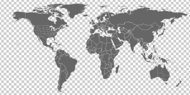 World Map vector. Gray similar world map blank vector on transparent background.  Gray similar world map with borders of all countries and States of USA map, and States of Australia map. High quality world  map. EPS10.