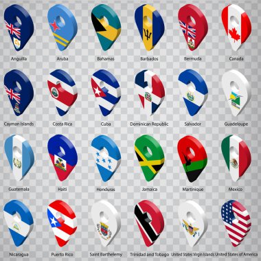 Amerikan ülkelerinin 24 bayrağı. İsimli alfabetik sıra. Kuzey ve Orta Amerika 'nın ulusal bayrakları gibi 3 boyutlu konum belirleme işaretleri. Yirmi dört boyutlu konum belirleme işareti. Bölüm 10.