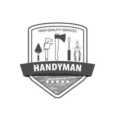 Professional handyman services logo. Set of repair tools.  Logo Handyman with wooden texture. Stock vector.  EPS10.