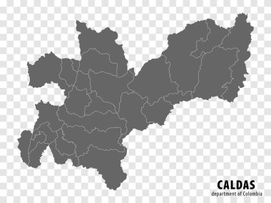 Kolombiya Caldas Bölümü haritası şeffaf arkaplanda. Sitenin tasarımı, logosu, uygulaması ve UI için gri bölgeleri olan boş Caldas haritası. Kolombiya 'da. EPS10.