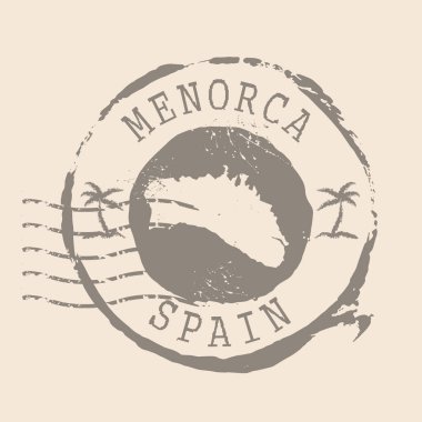 Menorca Damga Postası. Siluet haritası, lastik mühür. Retro Seyahat Tasarımı. Web sitesi tasarımı, uygulaması ve UI için Harita Menorca grunge mührü. İspanya. EPS10.