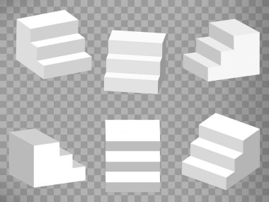 Şeffaf arkaplanda 3D merdiven seti. Farklı açı ve açılara sahip 3D merdiven resmi. Tasarımınız için soyut grafik elementler konsepti