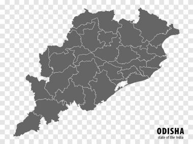 Hindistan 'ın boş haritası Odisha Eyaleti. Web sitesi tasarımı, logosu, uygulaması, UI 'si için şeffaf arka planı olan yüksek kaliteli bir harita Odisha. Hindistan Cumhuriyeti. EPS10.