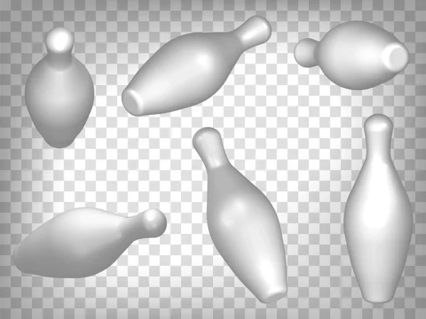 透明な背景に3Dボウリングピンのセット 異なるビューと角度を持つボーリングピン3Dアイコンイラスト あなたのデザインのグラフィック要素の抽象概念 — ストックベクタ
