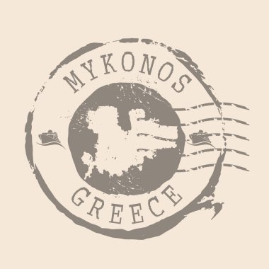 Mykonos 'un posta pulu. Siluet haritası, lastik mühür. Retro Seyahat Tasarımı. Yunan Mykonos Haritasını Mühürle. EPS10