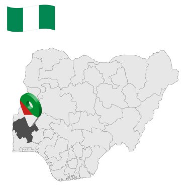 Nijerya haritasında Oyo State 'in yeri. 3D Oyo konum işareti. Nijerya bayrağı. İnternet sitesi tasarımı, logosu, uygulaması ve UI için Nijerya Eyaletleri ile kaliteli bir harita. Hisse senedi. EPS10.