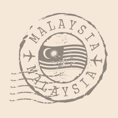 Malezya posta pulu. Malezya kauçuk mühürü bayrağı. Retro Seyahat Tasarımı. Tasarım, uygulama ve UI için Malezya grunge 'unu mühürle. EPS10.