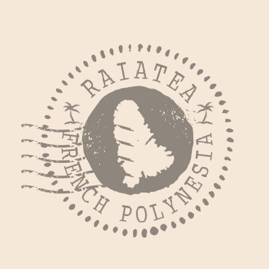 Raiatea pulu. Siluet haritası, lastik mühür. Retro Seyahat Tasarımı. Tasarımın için Raiatea Grunge Harita Adası 'nı mühürle. Fransız Polinezyası. EPS10