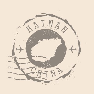 Hainan Posta Damgası. Siluet haritası, lastik mühür. Retro Seyahat Tasarımı. Harita adası Hainan grunge 'ını tasarlaman için mühürle. Çin. Eps 10