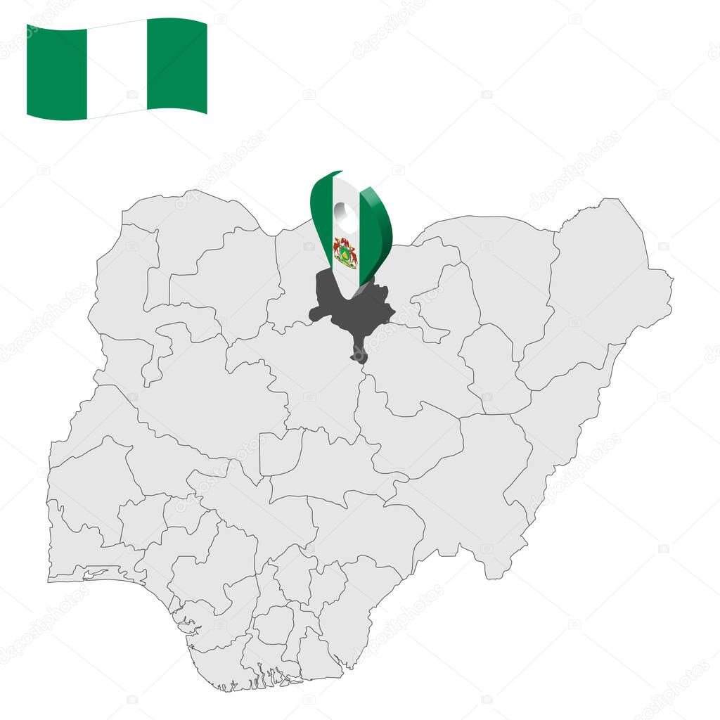 Location Kano State on map Nigeria. 3d Kano location sign. Flag of Nigeria. Quality map with  States of Nigeria for your web site design, logo, app, UI. Stock vector. EPS10.