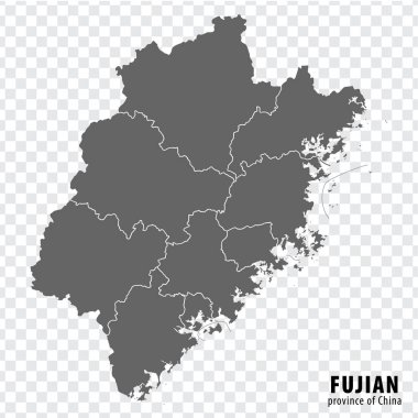 Çin 'in boş harita bölgesi Fujian. İnternet sitenizin tasarımı, logosu, uygulaması, UI için şeffaf arka planda belediyeleri olan yüksek kalite Fujian haritası. Çin Halk Cumhuriyeti. EPS10.