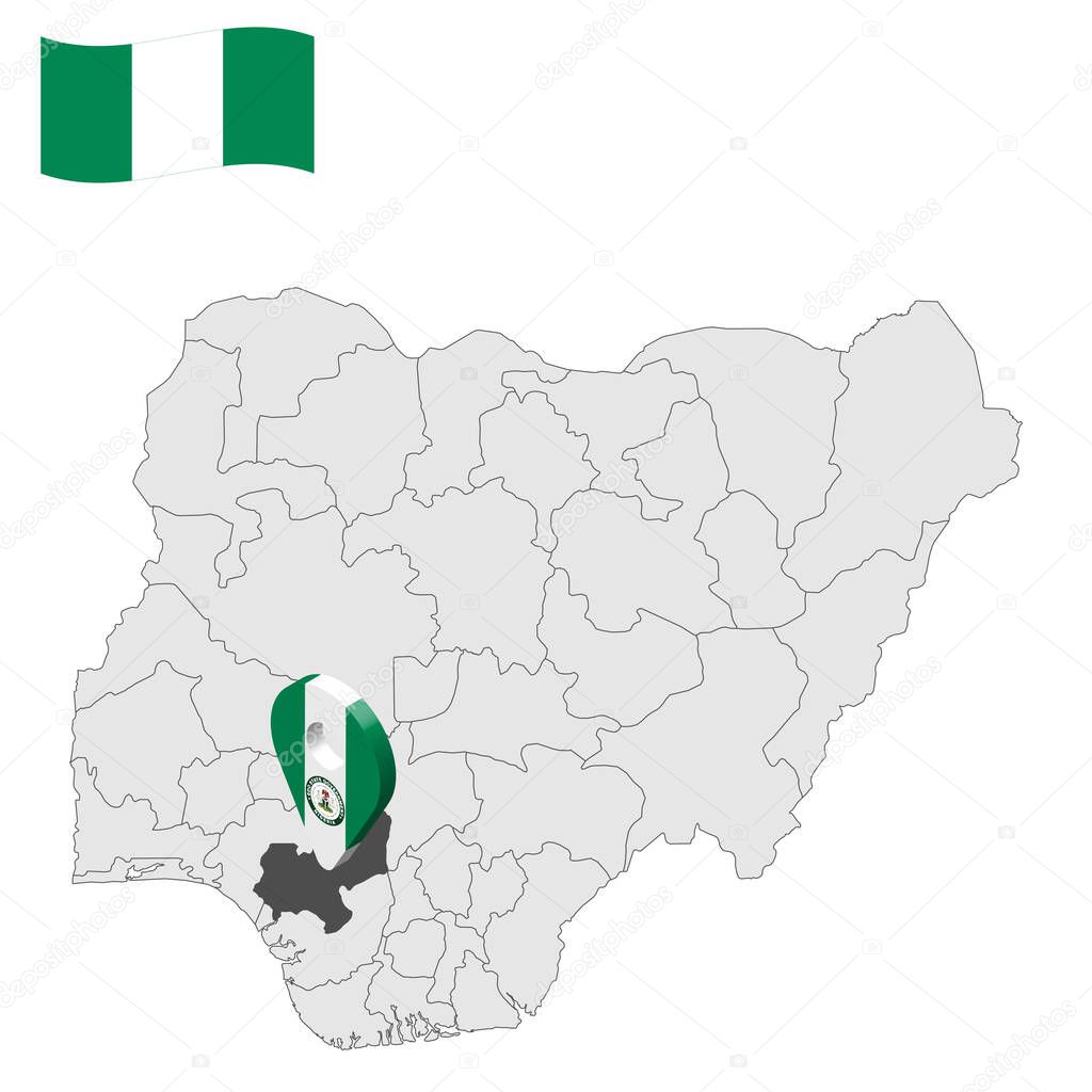 Location Edo State on map Nigeria. 3d Edo location sign. Flag of Nigeria. Quality map with  States of Nigeria for your web site design, logo, app, UI. Stock vector. EPS10.