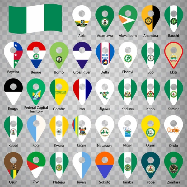 Trentasette Stati Bandiera Della Nigeria Ordine Alfabetico Con Nome Ogni — Vettoriale Stock